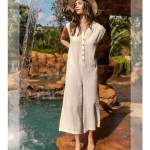 Annie Wear Button Detail Wide Leg Cotton Gauze Jumpsuit with Pockets - Small